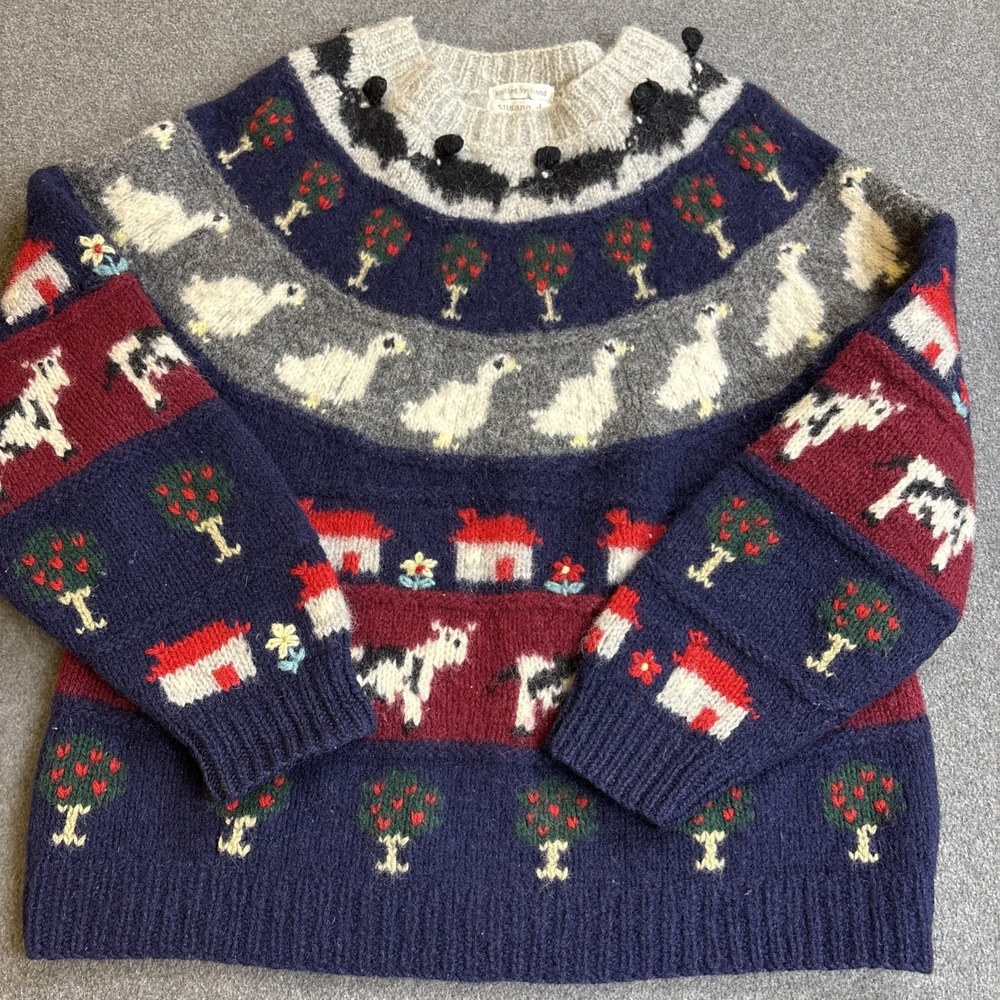 Susann D 100% Shetland Wool Hand-Knit Sweater Size Medium Farm Geese - Picture 2 of 7